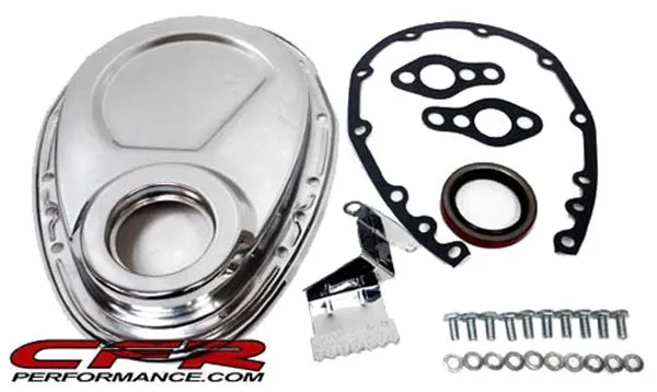 1955-95 CHEVY SMALL BLOCK 283-305-327-350-400 STEEL TIMING CHAIN COVER SET W- TIMING TAB - CHROME