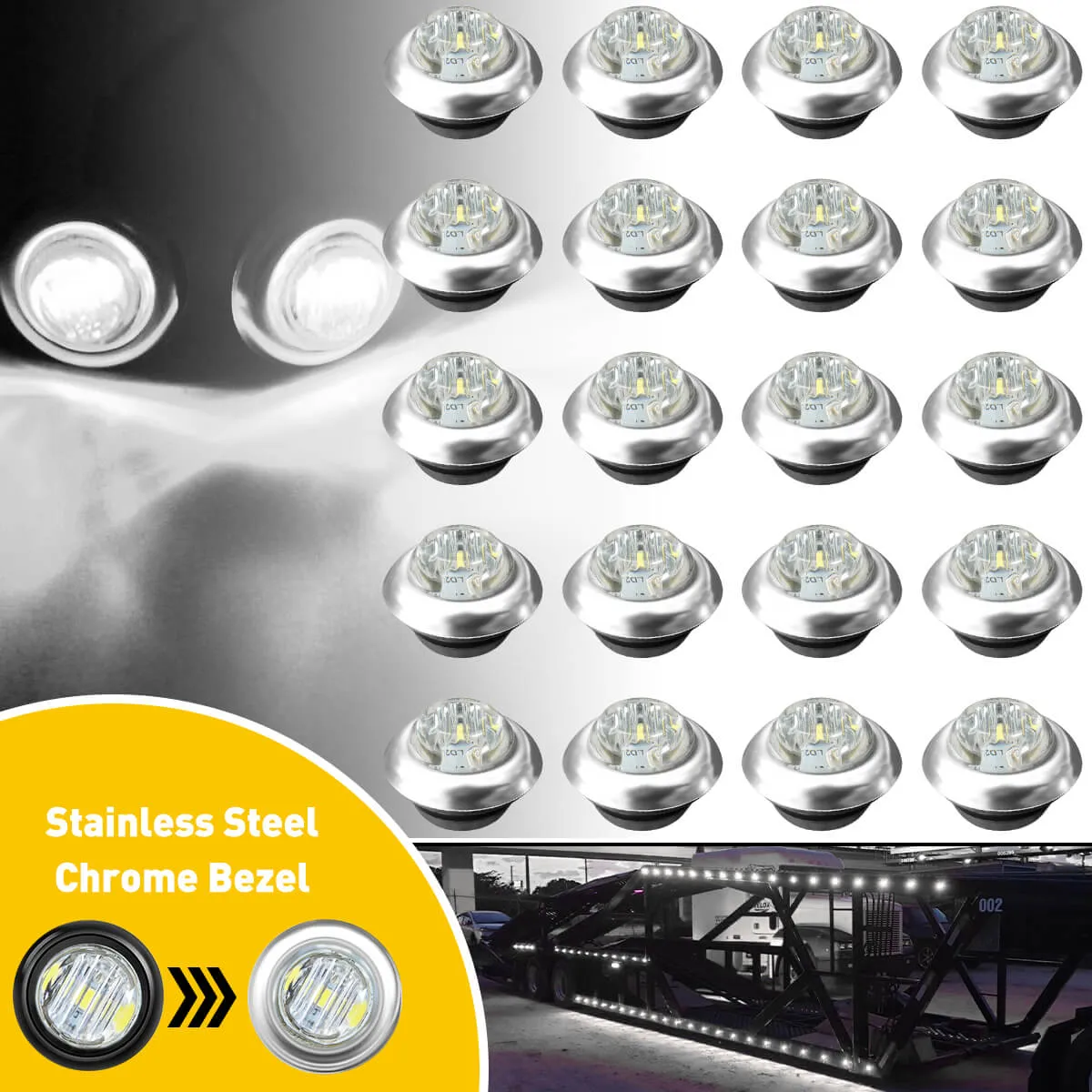 20PCS 0.75inch Round LED Side Marker Light With Stainless Chrome Bezel Cover for Truck Trailer