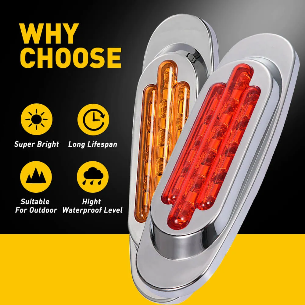 2PCS 16-Leds Oval LED Side Marker Lights Chrome Bezel for 12V Heavy Trucks, Semi-Trailer Trucks
