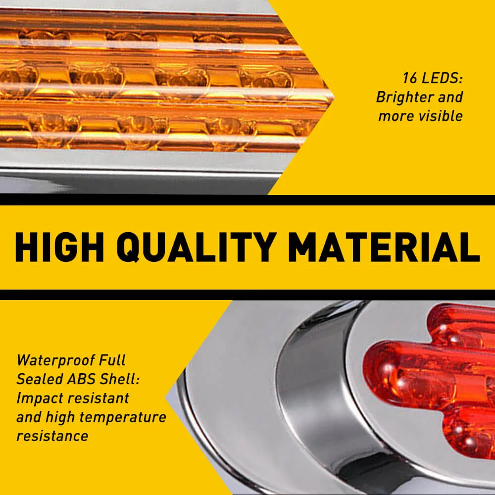 2PCS 16-Leds Oval LED Side Marker Lights Chrome Bezel for 12V Heavy Trucks, Semi-Trailer Trucks