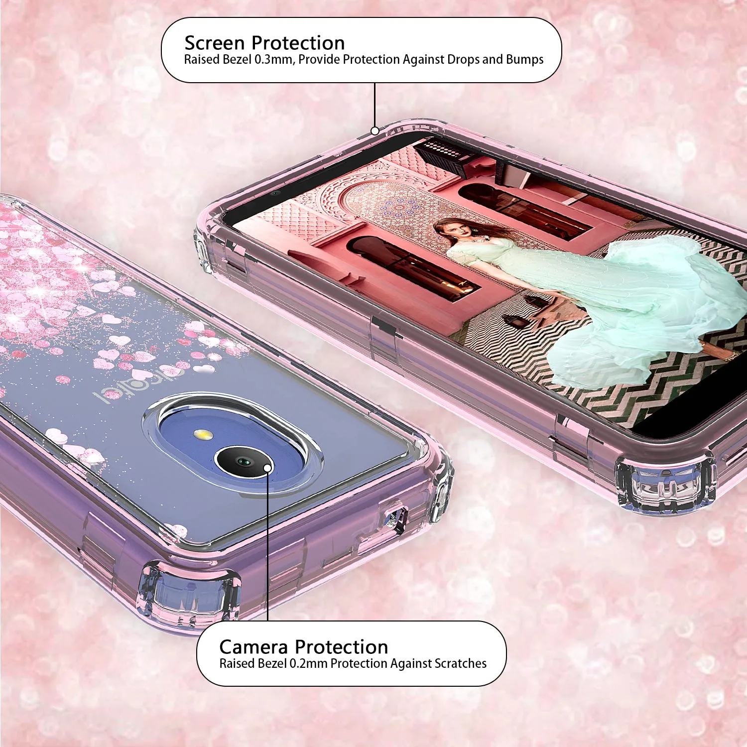 Alcatel 1x Evolve, TCL LX, Avalon V, IdealXTRA Case, Hard Clear Glitter Sparkle Flowing Liquid Heavy Duty Shockproof Three Layer Protective Bling Girls Women Cover - Pink