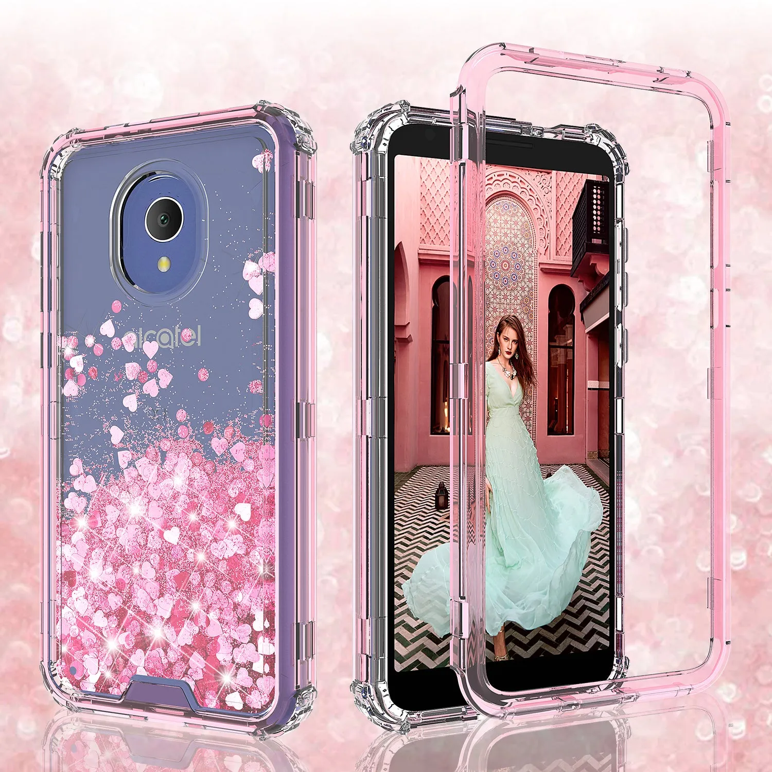 Alcatel 1x Evolve, TCL LX, Avalon V, IdealXTRA Case, Hard Clear Glitter Sparkle Flowing Liquid Heavy Duty Shockproof Three Layer Protective Bling Girls Women Cover - Pink