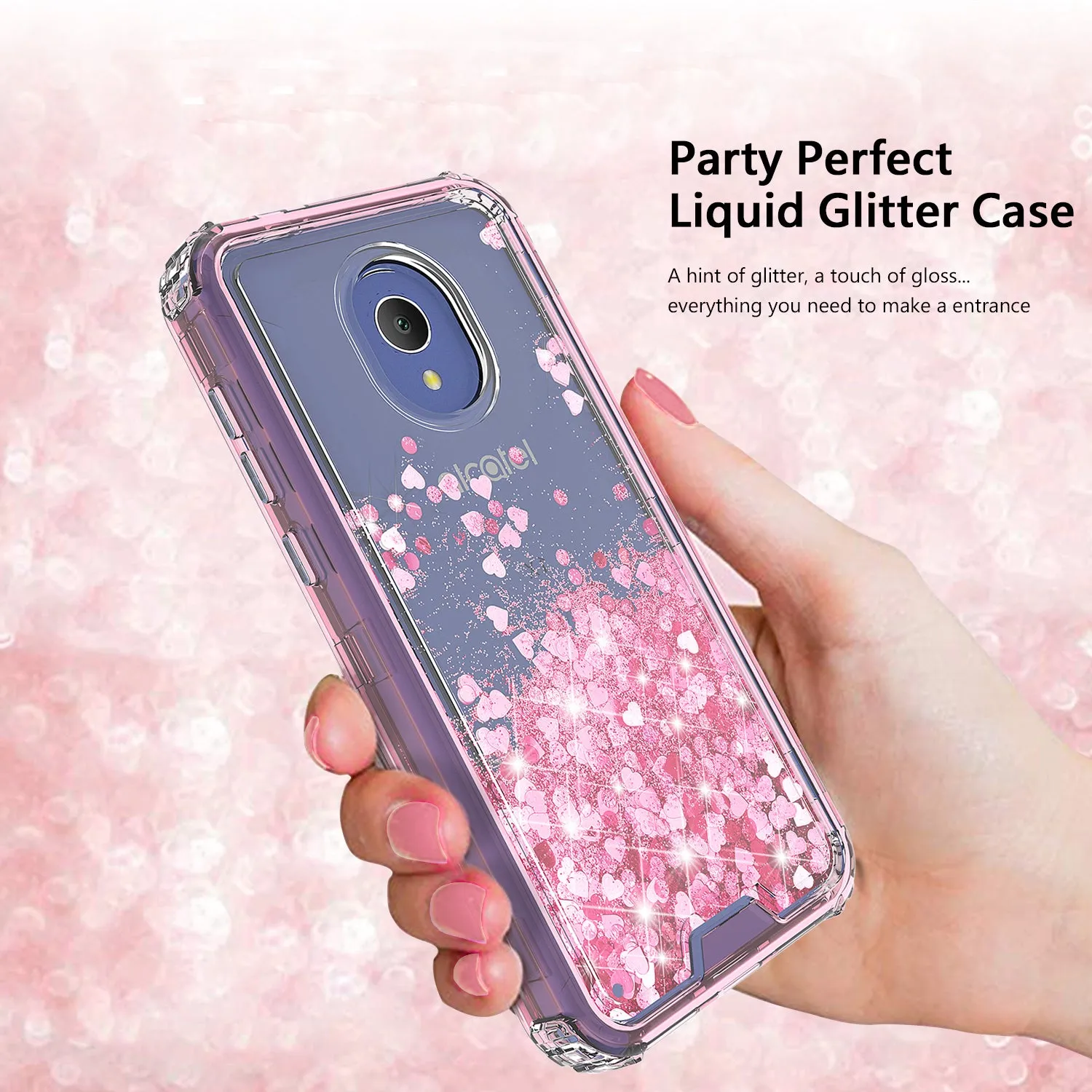 Alcatel 1x Evolve, TCL LX, Avalon V, IdealXTRA Case, Hard Clear Glitter Sparkle Flowing Liquid Heavy Duty Shockproof Three Layer Protective Bling Girls Women Cover - Pink