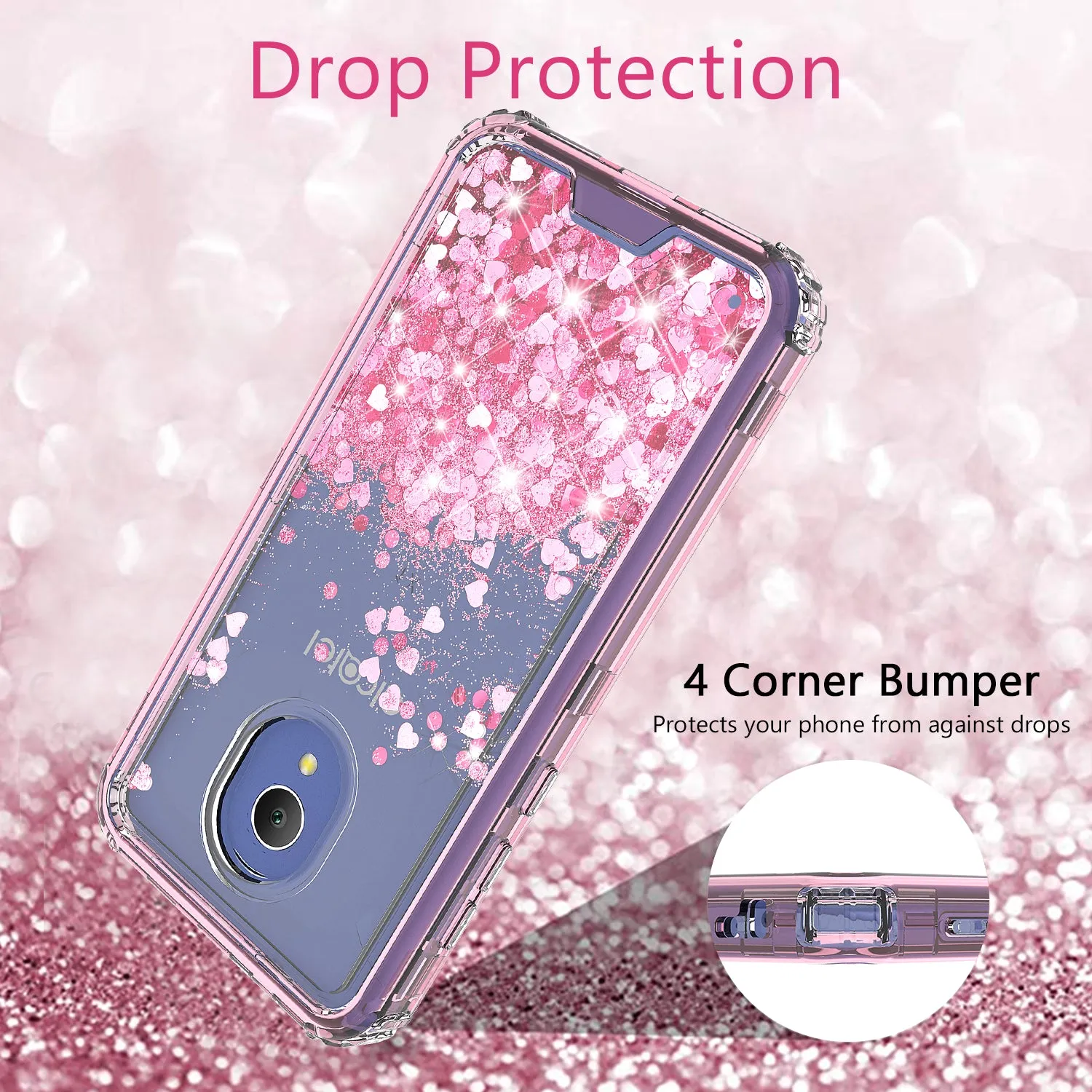 Alcatel 1x Evolve, TCL LX, Avalon V, IdealXTRA Case, Hard Clear Glitter Sparkle Flowing Liquid Heavy Duty Shockproof Three Layer Protective Bling Girls Women Cover - Pink