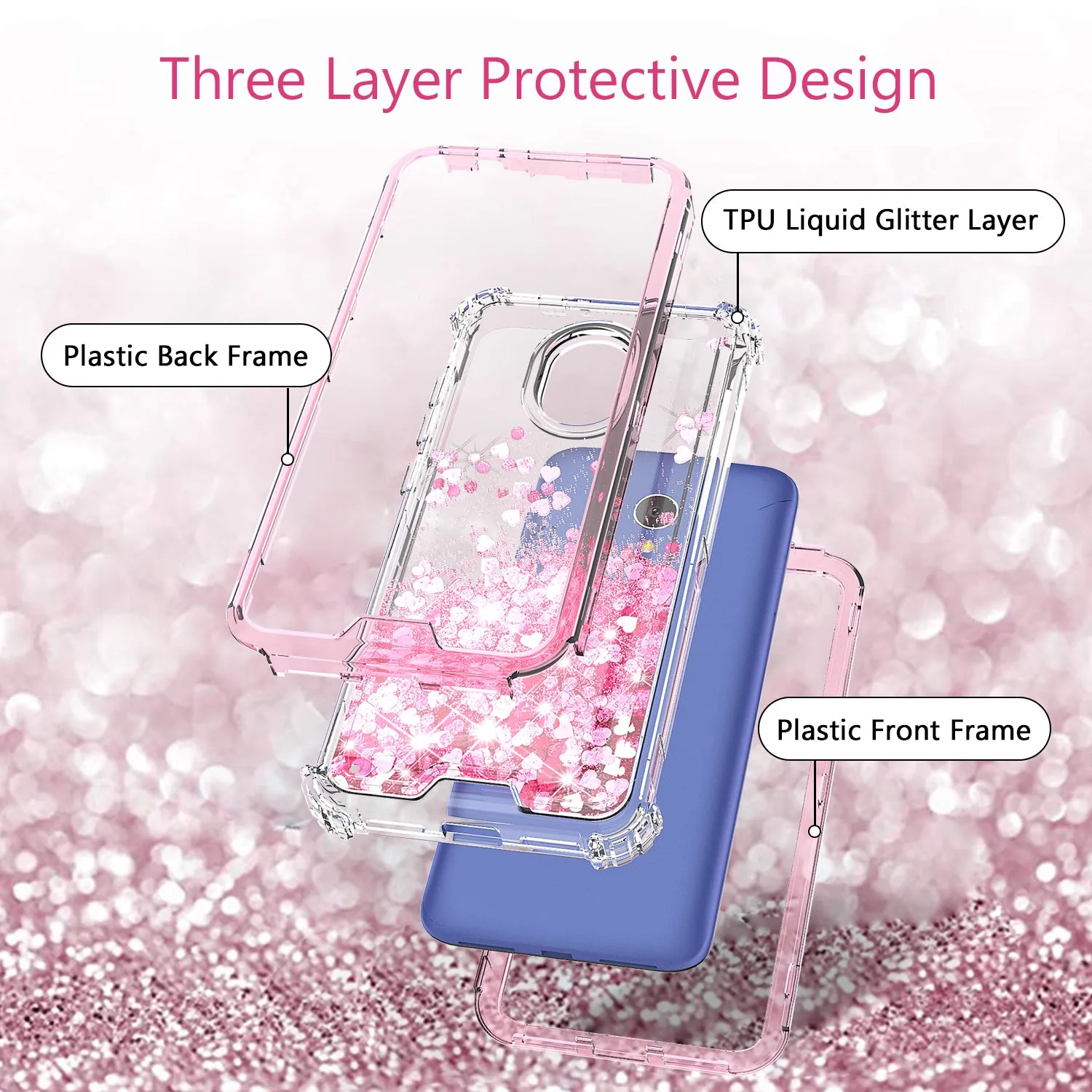 Alcatel 1x Evolve, TCL LX, Avalon V, IdealXTRA Case, Hard Clear Glitter Sparkle Flowing Liquid Heavy Duty Shockproof Three Layer Protective Bling Girls Women Cover - Pink