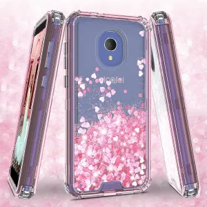 Alcatel 1x Evolve, TCL LX, Avalon V, IdealXTRA Case, Hard Clear Glitter Sparkle Flowing Liquid Heavy Duty Shockproof Three Layer Protective Bling Girls Women Cover - Pink