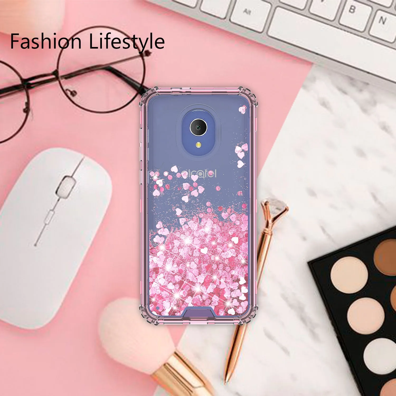 Alcatel 1x Evolve, TCL LX, Avalon V, IdealXTRA Case, Hard Clear Glitter Sparkle Flowing Liquid Heavy Duty Shockproof Three Layer Protective Bling Girls Women Cover - Pink
