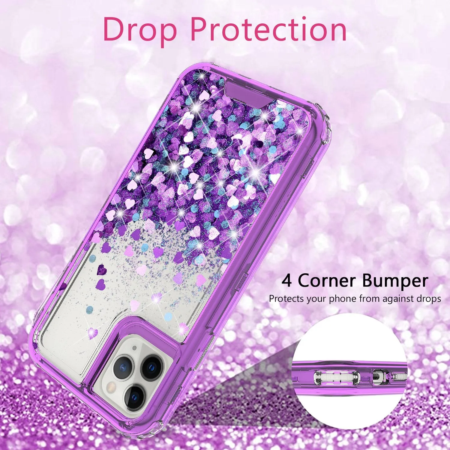 Apple iPhone 11 Case,Hard Clear Glitter Sparkle Flowing Liquid Heavy Duty Shockproof Three Layer Protective Bling Girls Women Cases for Apple iPhone 11 - Purple
