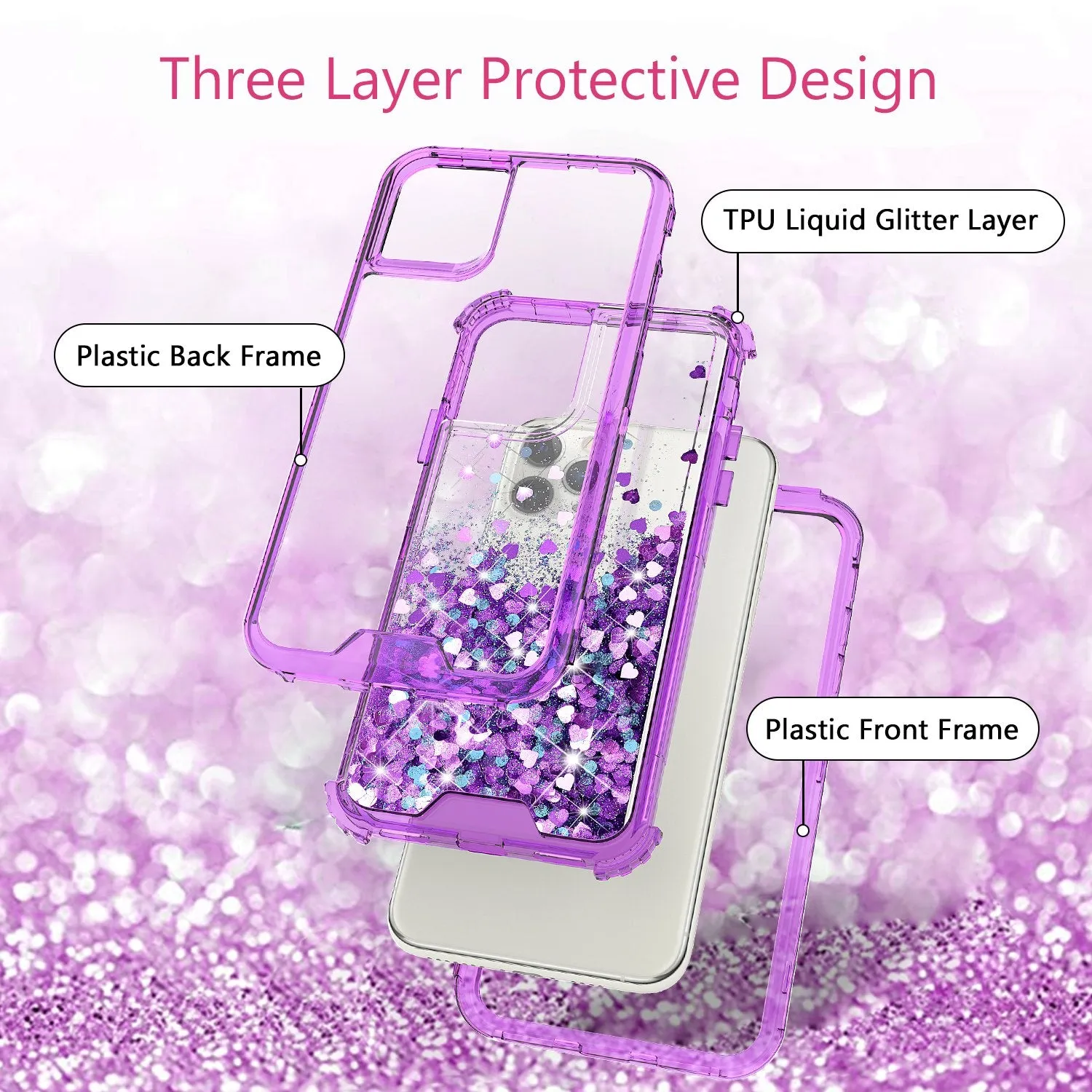 Apple iPhone 11 Case,Hard Clear Glitter Sparkle Flowing Liquid Heavy Duty Shockproof Three Layer Protective Bling Girls Women Cases for Apple iPhone 11 - Purple