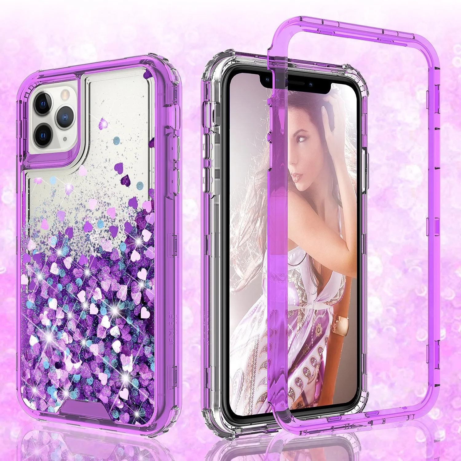 Apple iPhone 11 Case,Hard Clear Glitter Sparkle Flowing Liquid Heavy Duty Shockproof Three Layer Protective Bling Girls Women Cases for Apple iPhone 11 - Purple