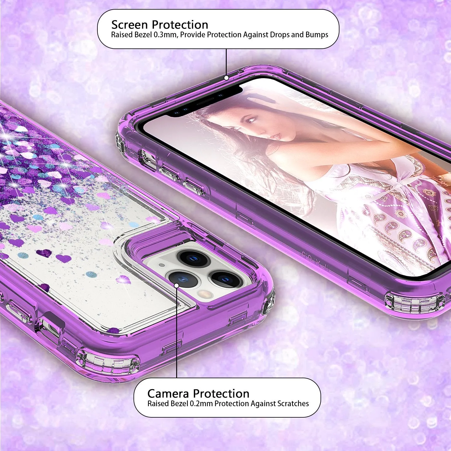 Apple iPhone 11 Case,Hard Clear Glitter Sparkle Flowing Liquid Heavy Duty Shockproof Three Layer Protective Bling Girls Women Cases for Apple iPhone 11 - Purple