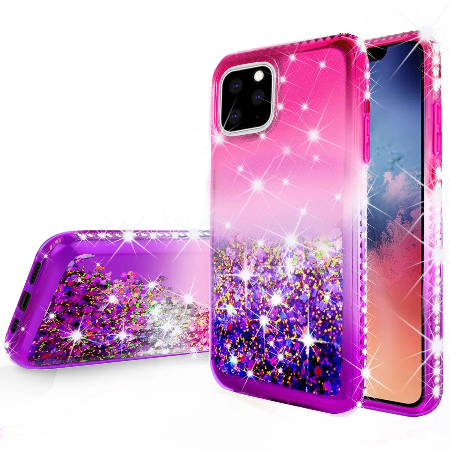 Apple iPhone 11 Pro Max Case Liquid Glitter Phone Case Waterfall Floating Quicksand Bling Sparkle Cute Protective Girls Women Cover for iPhone 11 Pro Max W/Temper Glass -  (Hot Pink/Purple Gradient)