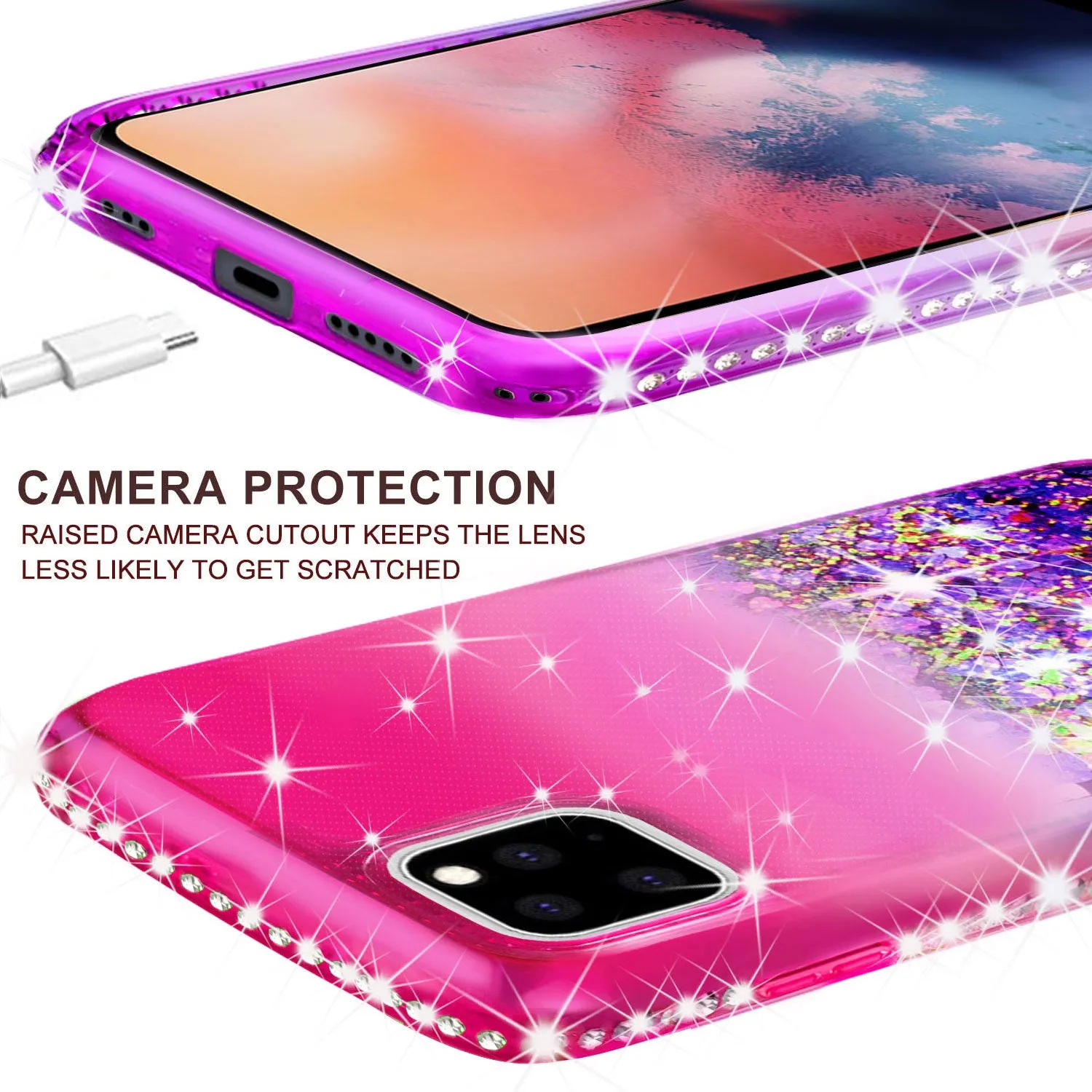 Apple iPhone 11 Pro Max Case Liquid Glitter Phone Case Waterfall Floating Quicksand Bling Sparkle Cute Protective Girls Women Cover for iPhone 11 Pro Max W/Temper Glass -  (Hot Pink/Purple Gradient)