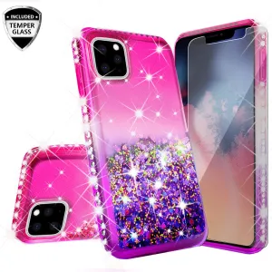 Apple iPhone 11 Pro Max Case Liquid Glitter Phone Case Waterfall Floating Quicksand Bling Sparkle Cute Protective Girls Women Cover for iPhone 11 Pro Max W/Temper Glass -  (Hot Pink/Purple Gradient)
