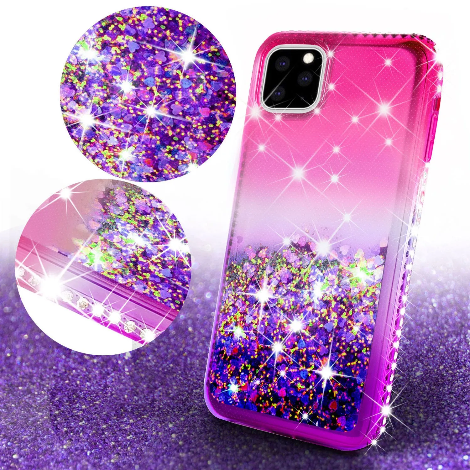 Apple iPhone 11 Pro Max Case Liquid Glitter Phone Case Waterfall Floating Quicksand Bling Sparkle Cute Protective Girls Women Cover for iPhone 11 Pro Max W/Temper Glass -  (Hot Pink/Purple Gradient)
