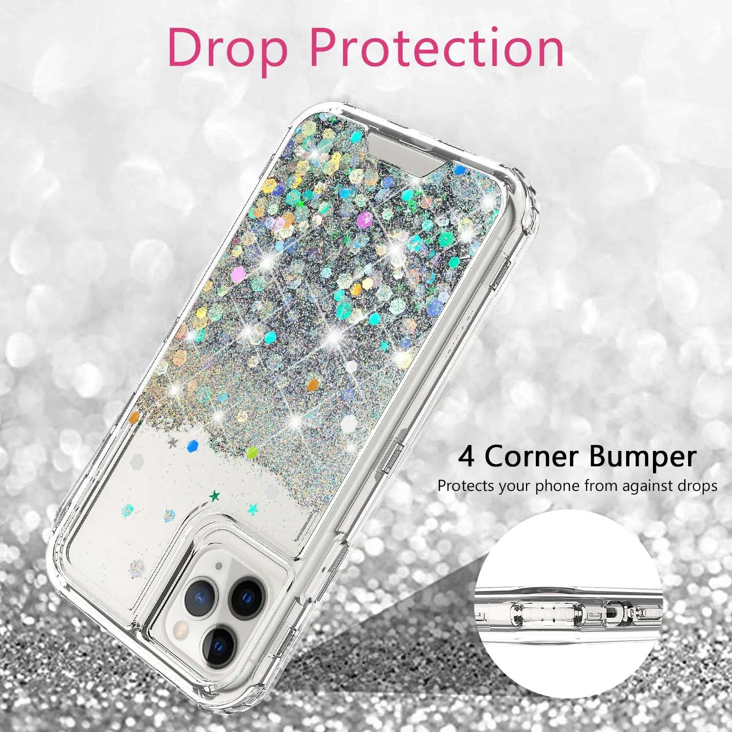 Apple iPhone 12 Case,Hard Clear Glitter Sparkle Flowing Liquid Heavy Duty Shockproof Three Layer Protective Bling Girls Women Cases for Apple iPhone 12 - Clear