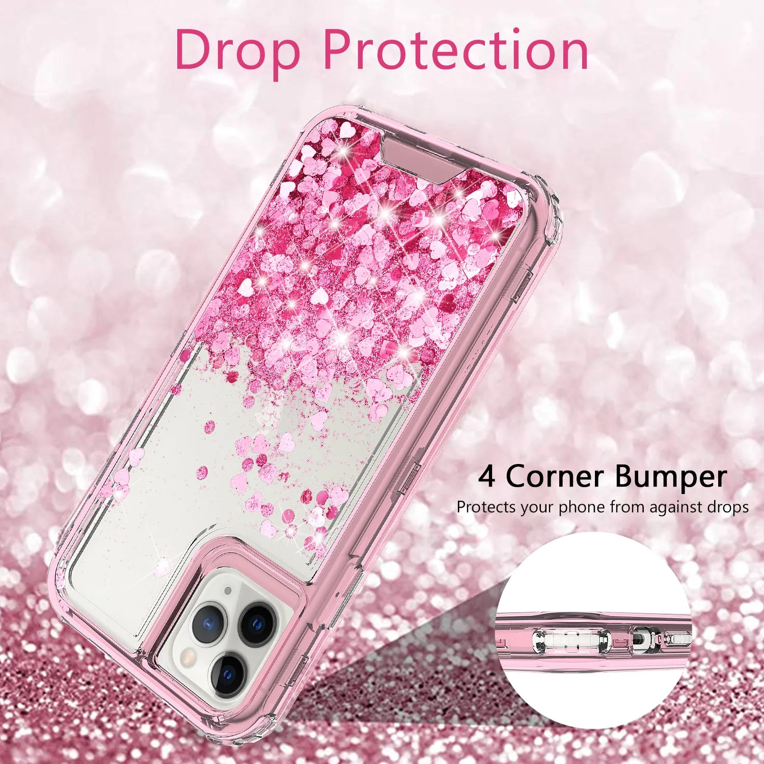 Apple iPhone 12 Pro Case,Hard Clear Glitter Sparkle Flowing Liquid Heavy Duty Shockproof Three Layer Protective Bling Girls Women Cases for Apple iPhone 12 Pro - Pink