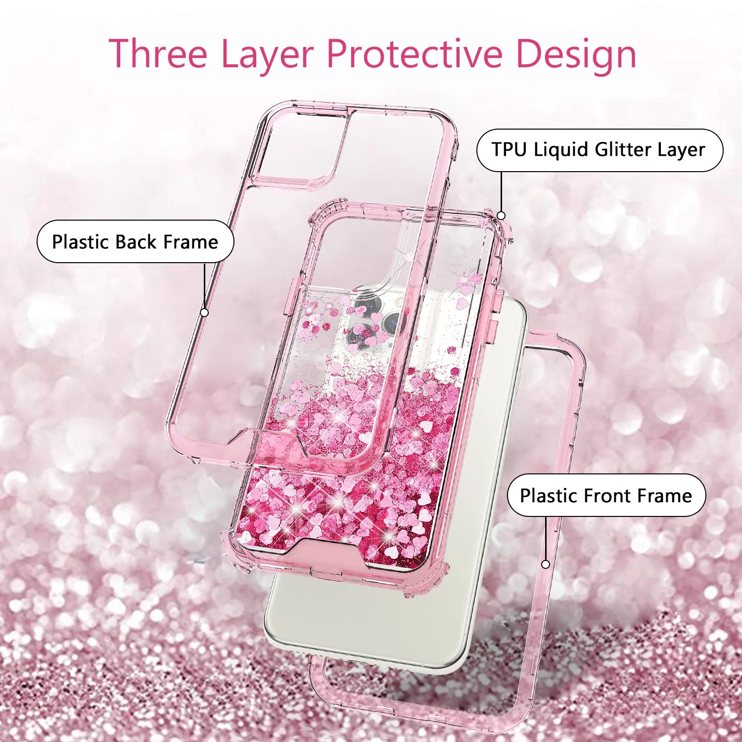Apple iPhone 12 Pro Case,Hard Clear Glitter Sparkle Flowing Liquid Heavy Duty Shockproof Three Layer Protective Bling Girls Women Cases for Apple iPhone 12 Pro - Pink