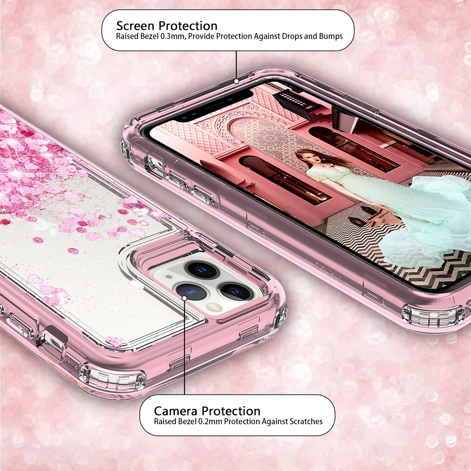 Apple iPhone 12 Pro Case,Hard Clear Glitter Sparkle Flowing Liquid Heavy Duty Shockproof Three Layer Protective Bling Girls Women Cases for Apple iPhone 12 Pro - Pink