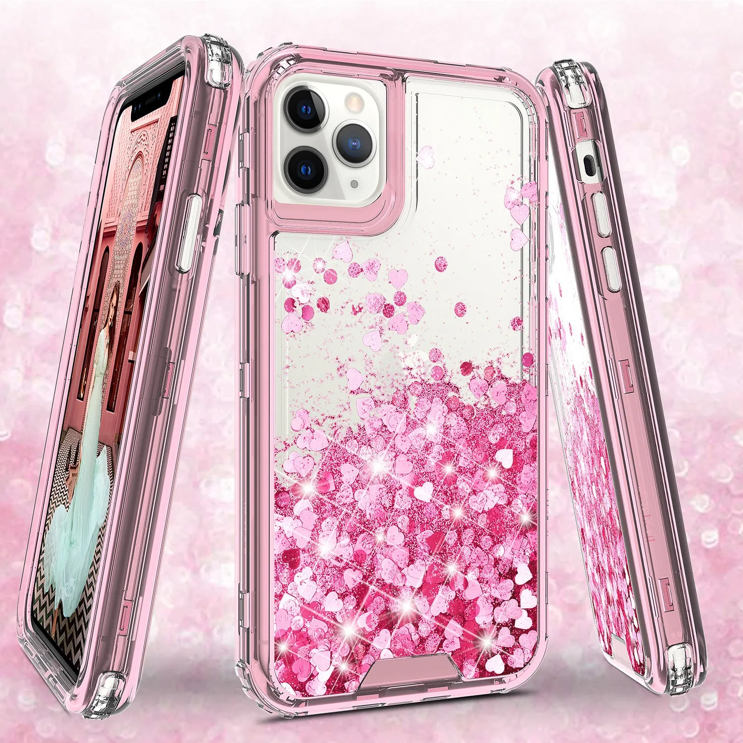 Apple iPhone 12 Pro Case,Hard Clear Glitter Sparkle Flowing Liquid Heavy Duty Shockproof Three Layer Protective Bling Girls Women Cases for Apple iPhone 12 Pro - Pink