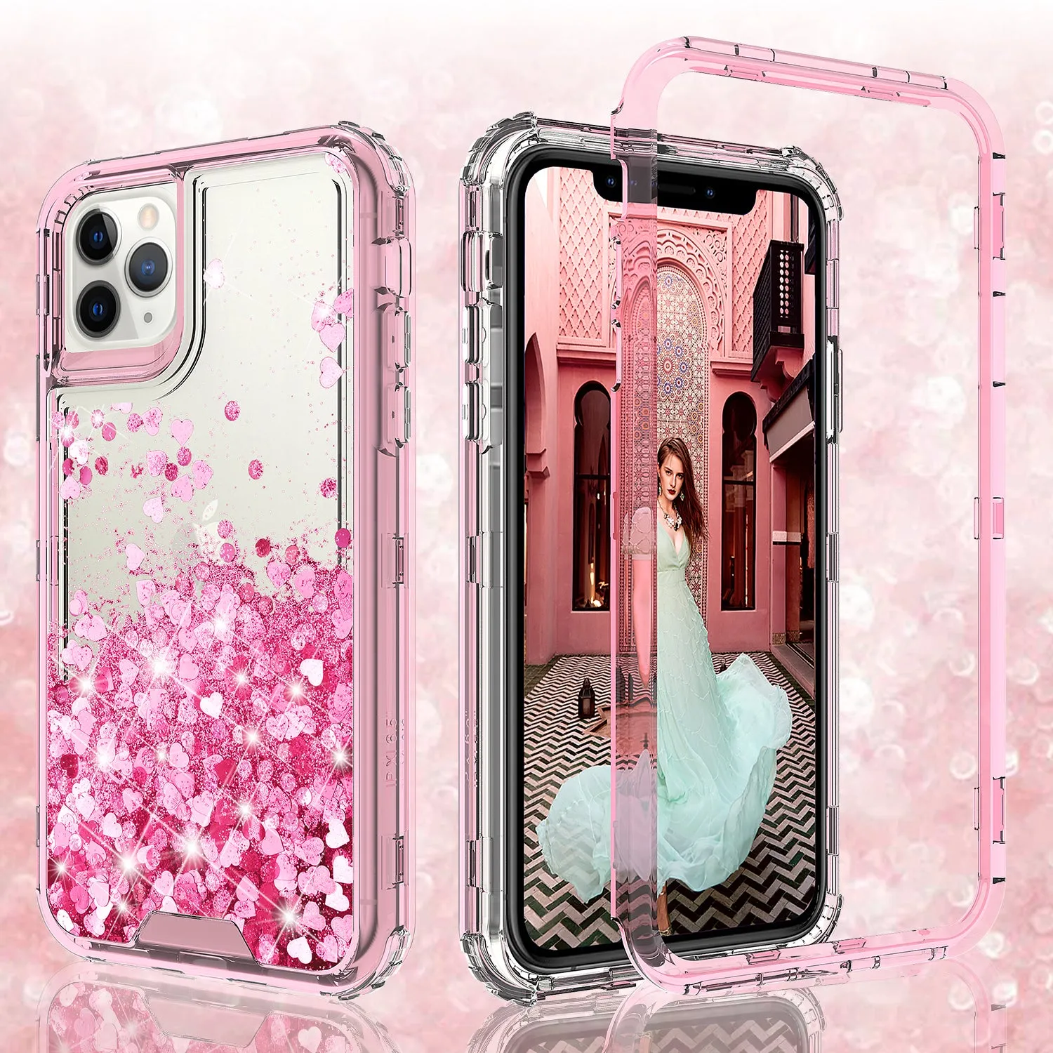 Apple iPhone 12 Pro Case,Hard Clear Glitter Sparkle Flowing Liquid Heavy Duty Shockproof Three Layer Protective Bling Girls Women Cases for Apple iPhone 12 Pro - Pink