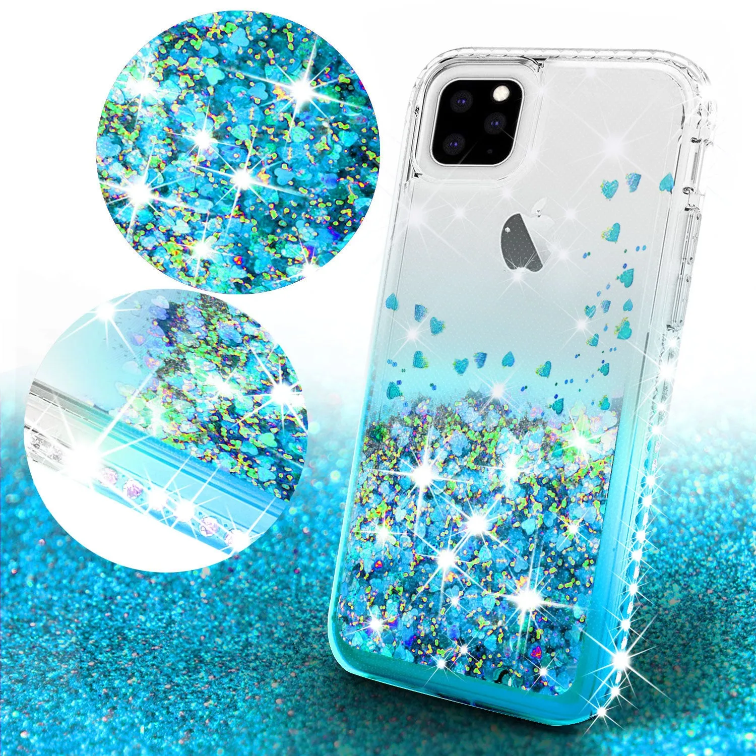 Apple iPhone 12 Pro Max Case Liquid Glitter Phone Case Waterfall Floating Quicksand Bling Sparkle Cute Protective Girls Women Cover for iPhone 12 Pro Max W/Temper Glass - Teal