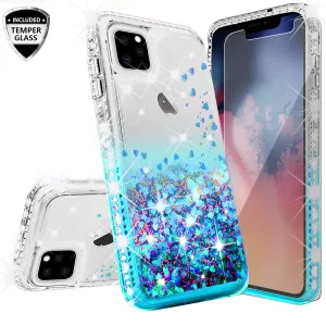 Apple iPhone 12 Pro Max Case Liquid Glitter Phone Case Waterfall Floating Quicksand Bling Sparkle Cute Protective Girls Women Cover for iPhone 12 Pro Max W/Temper Glass - Teal