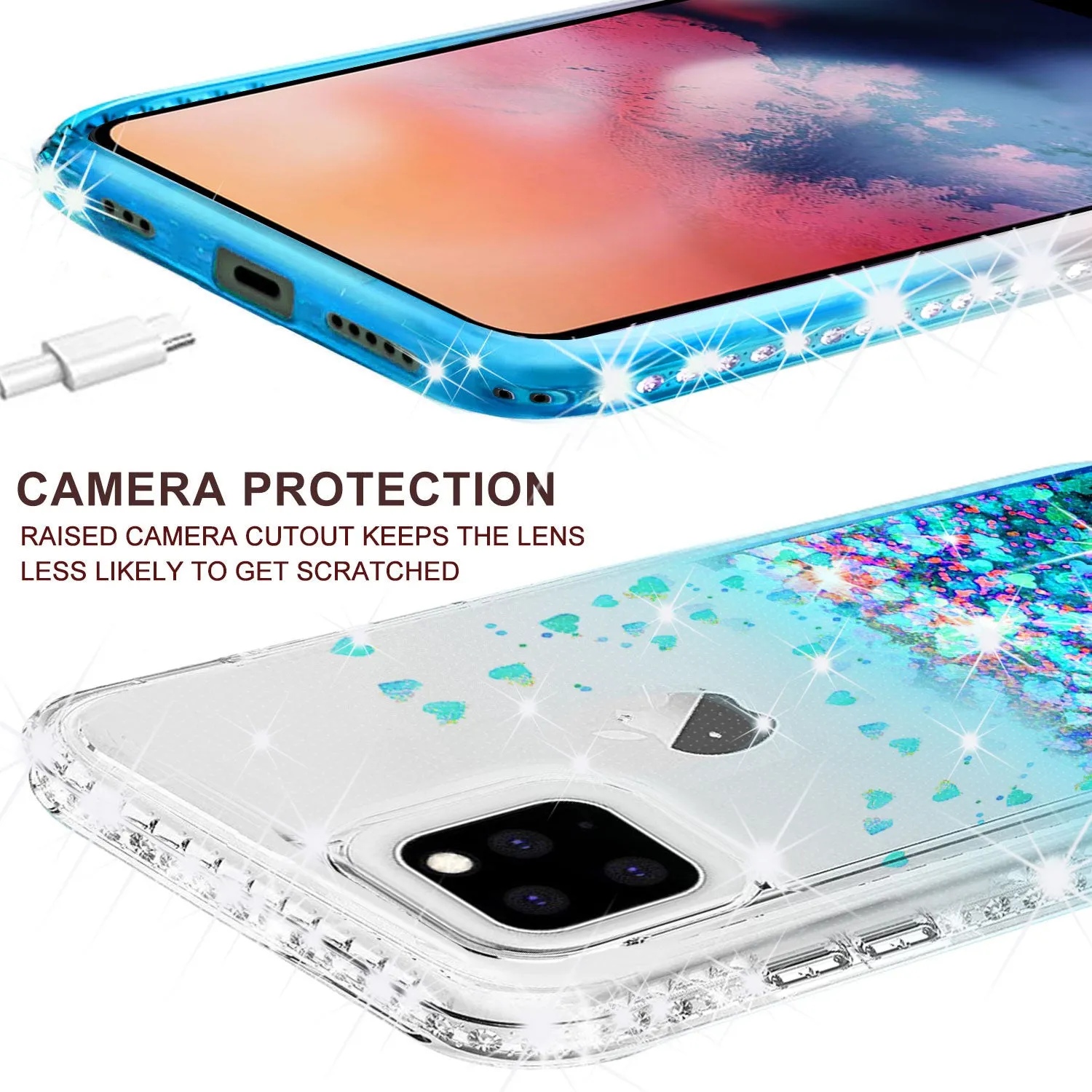 Apple iPhone 12 Pro Max Case Liquid Glitter Phone Case Waterfall Floating Quicksand Bling Sparkle Cute Protective Girls Women Cover for iPhone 12 Pro Max W/Temper Glass - Teal