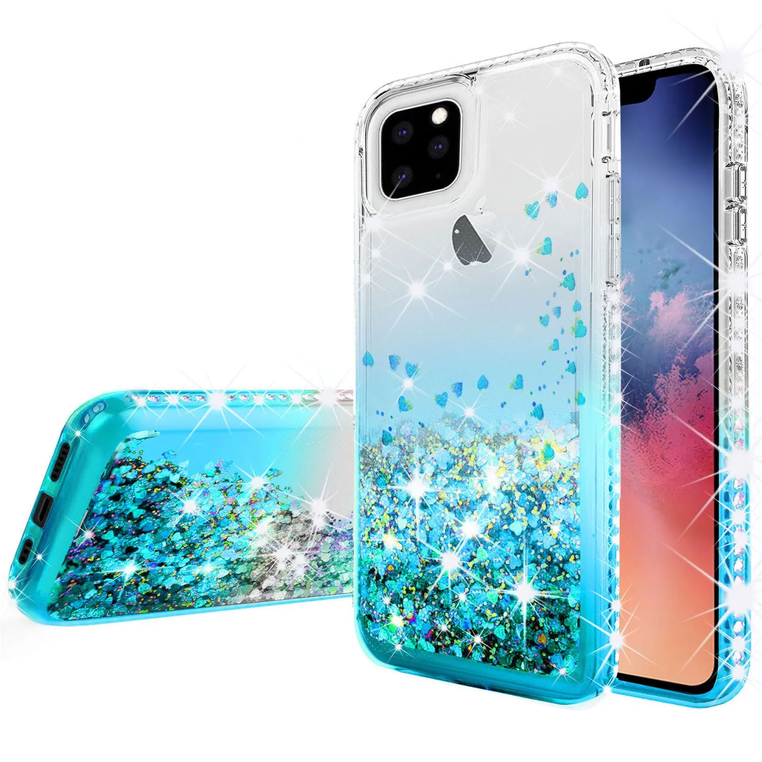 Apple iPhone 12 Pro Max Case Liquid Glitter Phone Case Waterfall Floating Quicksand Bling Sparkle Cute Protective Girls Women Cover for iPhone 12 Pro Max W/Temper Glass - Teal
