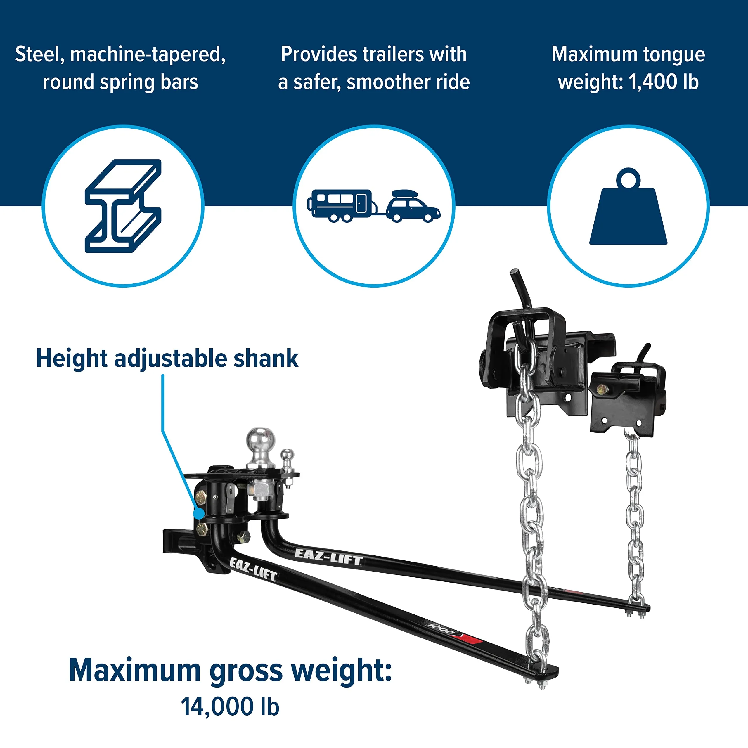Camco EAZ-Lift Elite 1,200lb RV Weight Distribution Hitch | Adjustable Sway Control & Interchangeable Spring Bars | Pre-Installed Hitch Ball & Sway Control Ball | 1,400lb Max Tongue Weight (48069)