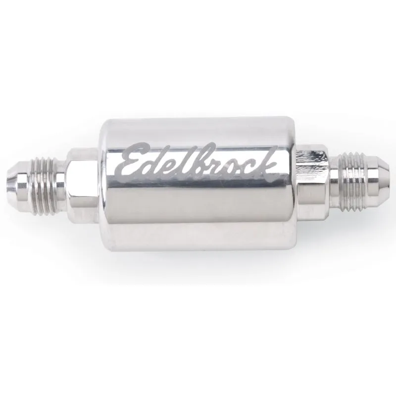 Edelbrock High Flow In-Line Fuel Filter - 40 Micron - Stainless Element - 6 AN Male Inlet - 6 AN Male Outlet - Polished