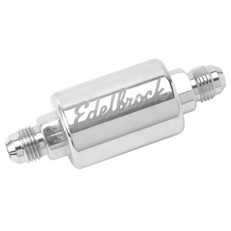 Edelbrock High Flow In-Line Fuel Filter - 40 Micron - Stainless Element - 6 AN Male Inlet - 6 AN Male Outlet - Polished