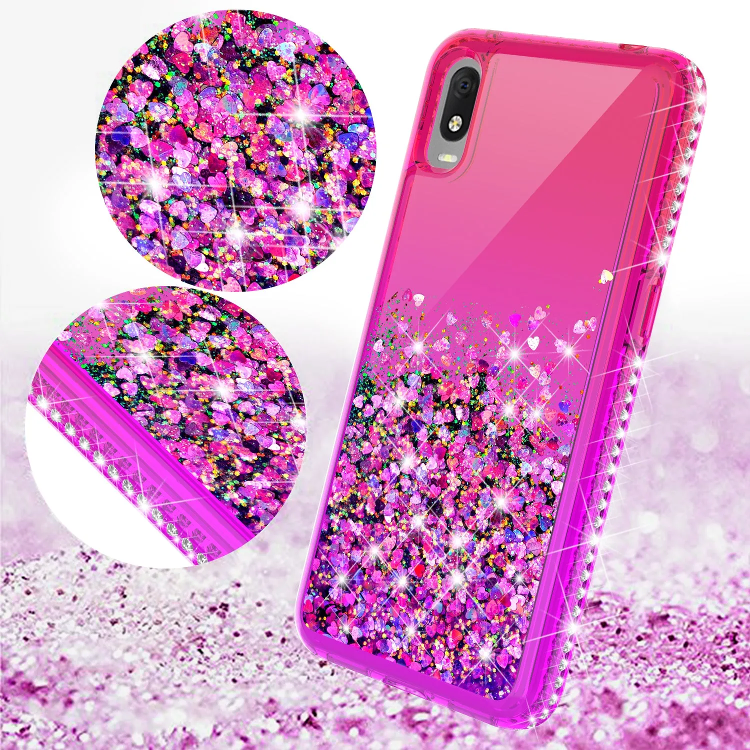 For Alcatel Jitterbug Smart3 / Lively Smart Case Liquid Glitter Phone Case Waterfall Floating Quicksand Bling Sparkle Cute Protective Girls Women Cover for Alcatel Jitterbug Smart3 / Lively Smart W/Temper Glass -  (Hot Pink/Purple Gradient)