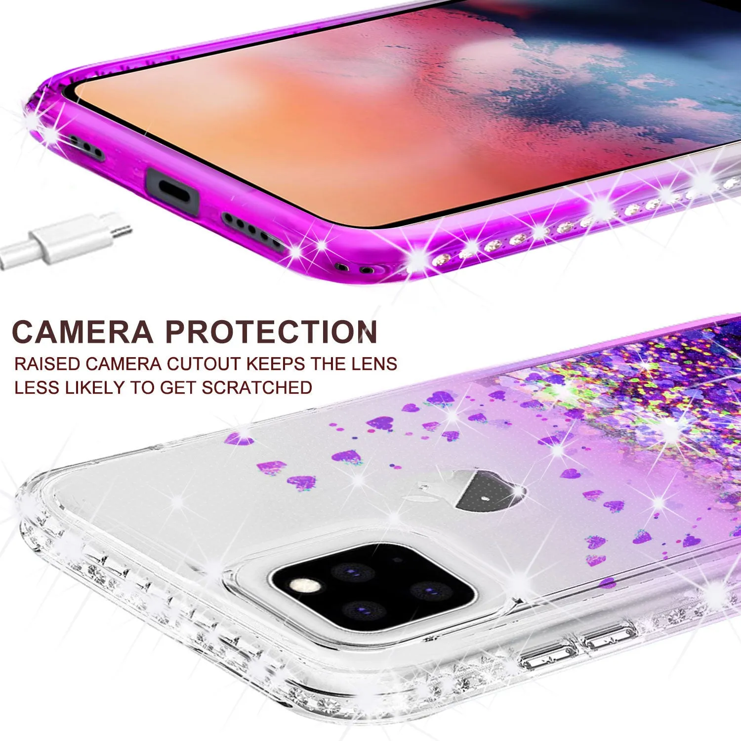 For Apple iPhone 13 Pro Case Liquid Glitter Phone Case Waterfall Floating Quicksand Bling Sparkle Cute Protective Girls Women Cover for iPhone 13 Pro W/Temper Glass - Purple