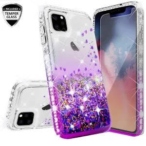 For Apple iPhone 13 Pro Case Liquid Glitter Phone Case Waterfall Floating Quicksand Bling Sparkle Cute Protective Girls Women Cover for iPhone 13 Pro W/Temper Glass - Purple