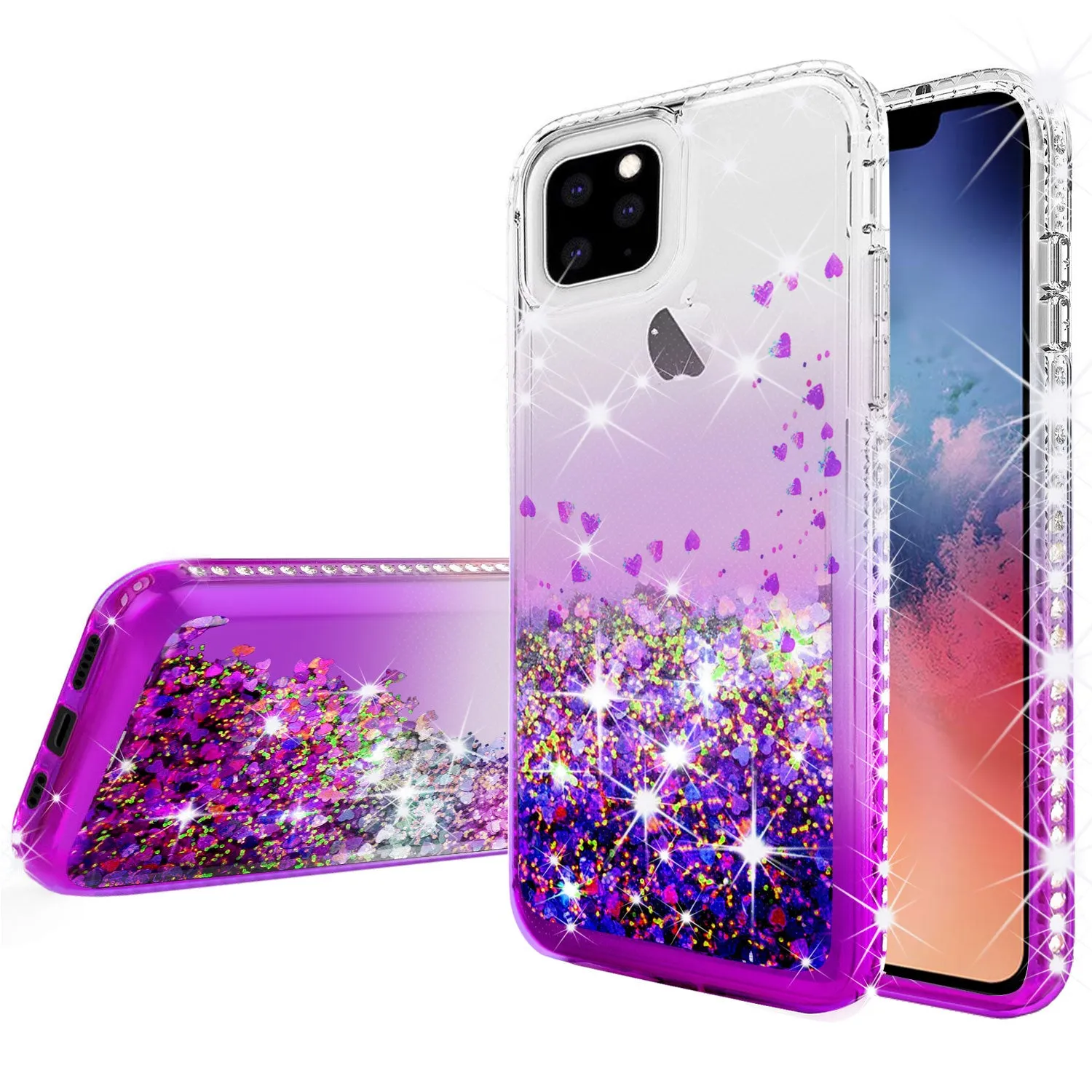 For Apple iPhone 13 Pro Case Liquid Glitter Phone Case Waterfall Floating Quicksand Bling Sparkle Cute Protective Girls Women Cover for iPhone 13 Pro W/Temper Glass - Purple