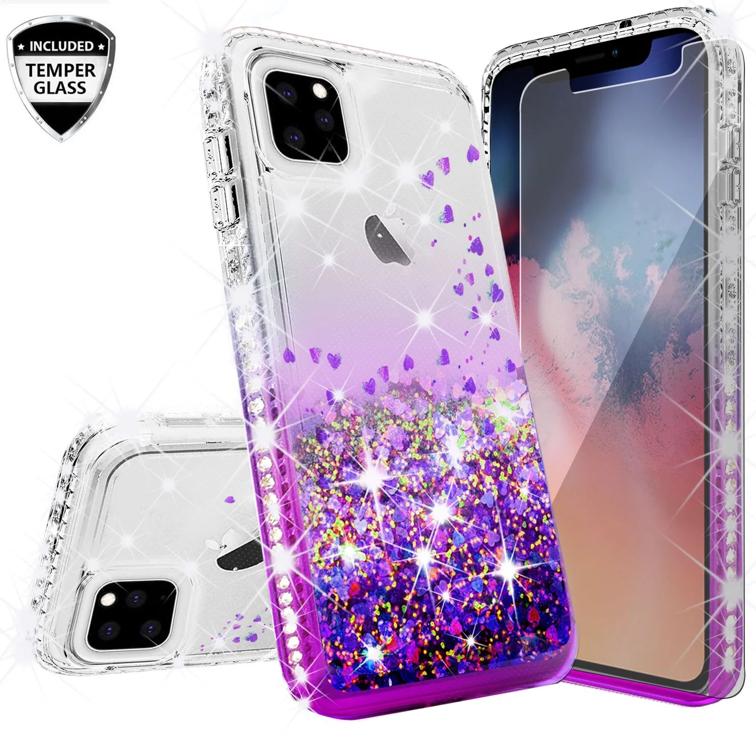 For Apple iPhone 13 Pro Case Liquid Glitter Phone Case Waterfall Floating Quicksand Bling Sparkle Cute Protective Girls Women Cover for iPhone 13 Pro W/Temper Glass - Purple