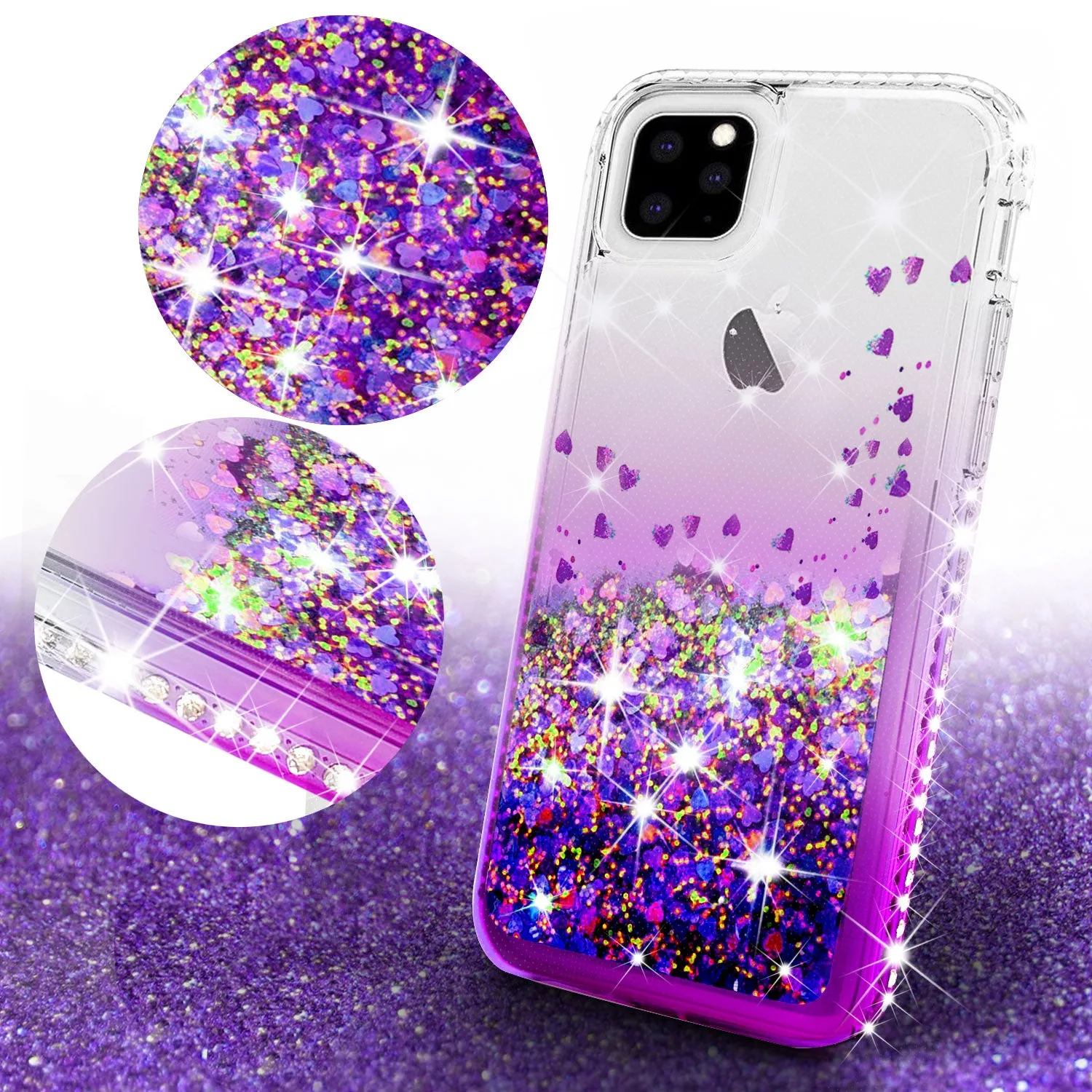 For Apple iPhone 13 Pro Case Liquid Glitter Phone Case Waterfall Floating Quicksand Bling Sparkle Cute Protective Girls Women Cover for iPhone 13 Pro W/Temper Glass - Purple