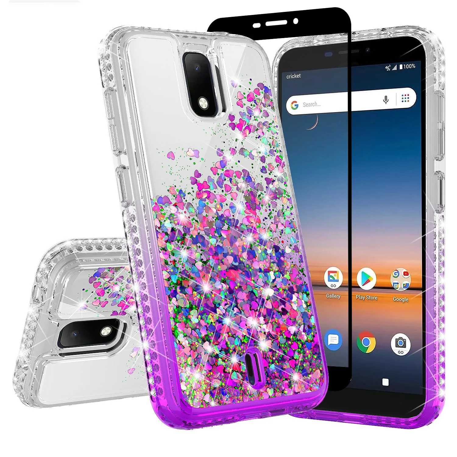 For Cricket Debut Case Liquid Glitter Phone Case Waterfall Floating Quicksand Bling Sparkle Cute Protective Girls Women Cover for Cricket Debut W/Temper Glass - Purple