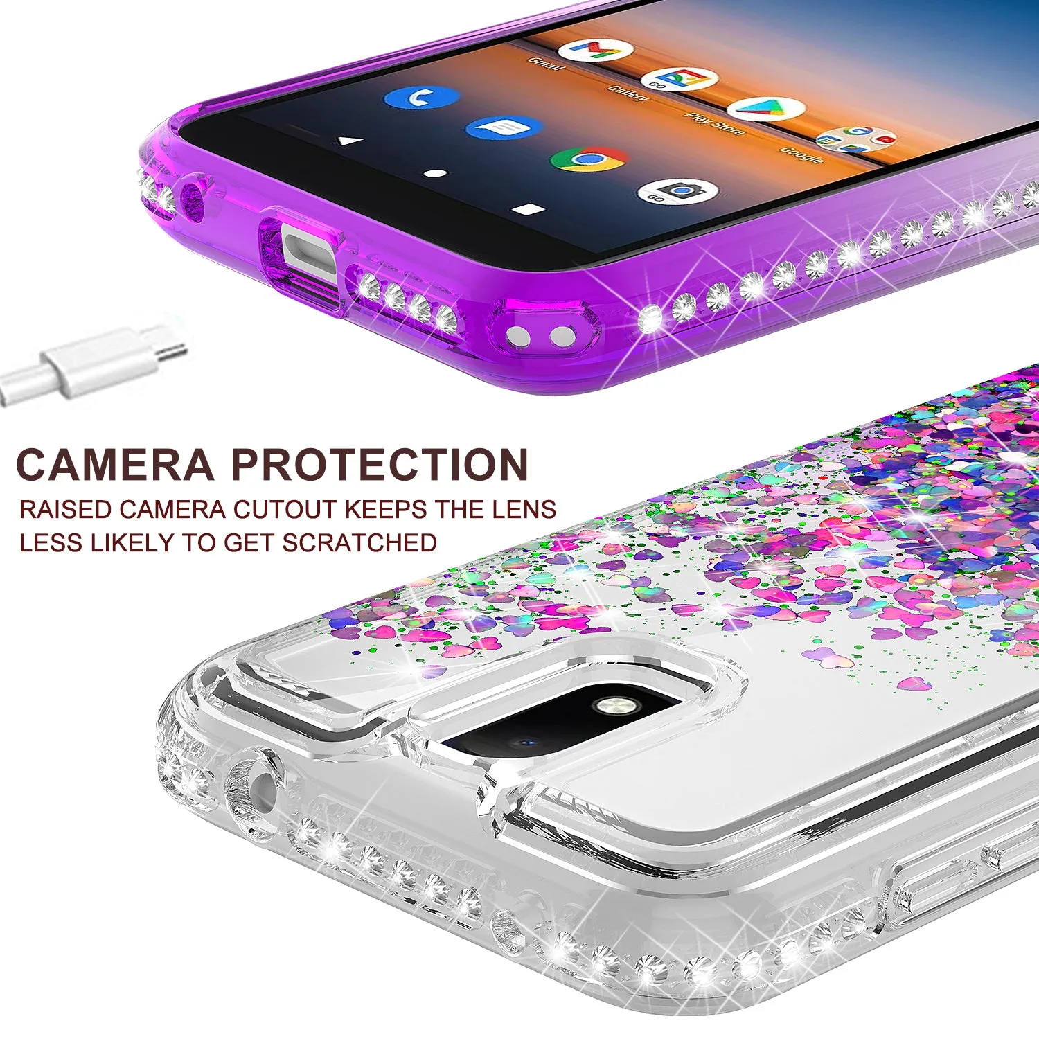 For Cricket Debut Case Liquid Glitter Phone Case Waterfall Floating Quicksand Bling Sparkle Cute Protective Girls Women Cover for Cricket Debut W/Temper Glass - Purple