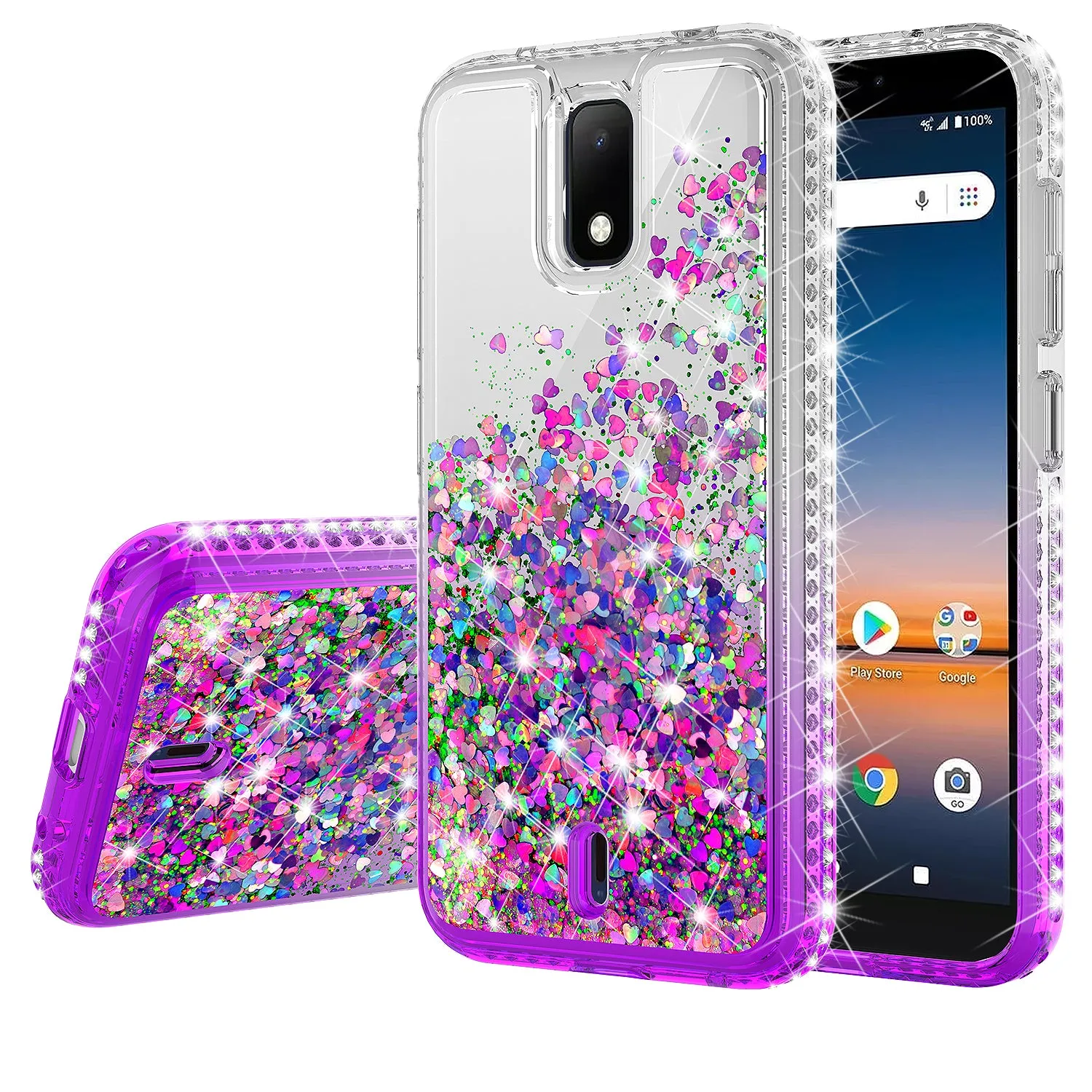 For Cricket Debut Case Liquid Glitter Phone Case Waterfall Floating Quicksand Bling Sparkle Cute Protective Girls Women Cover for Cricket Debut W/Temper Glass - Purple