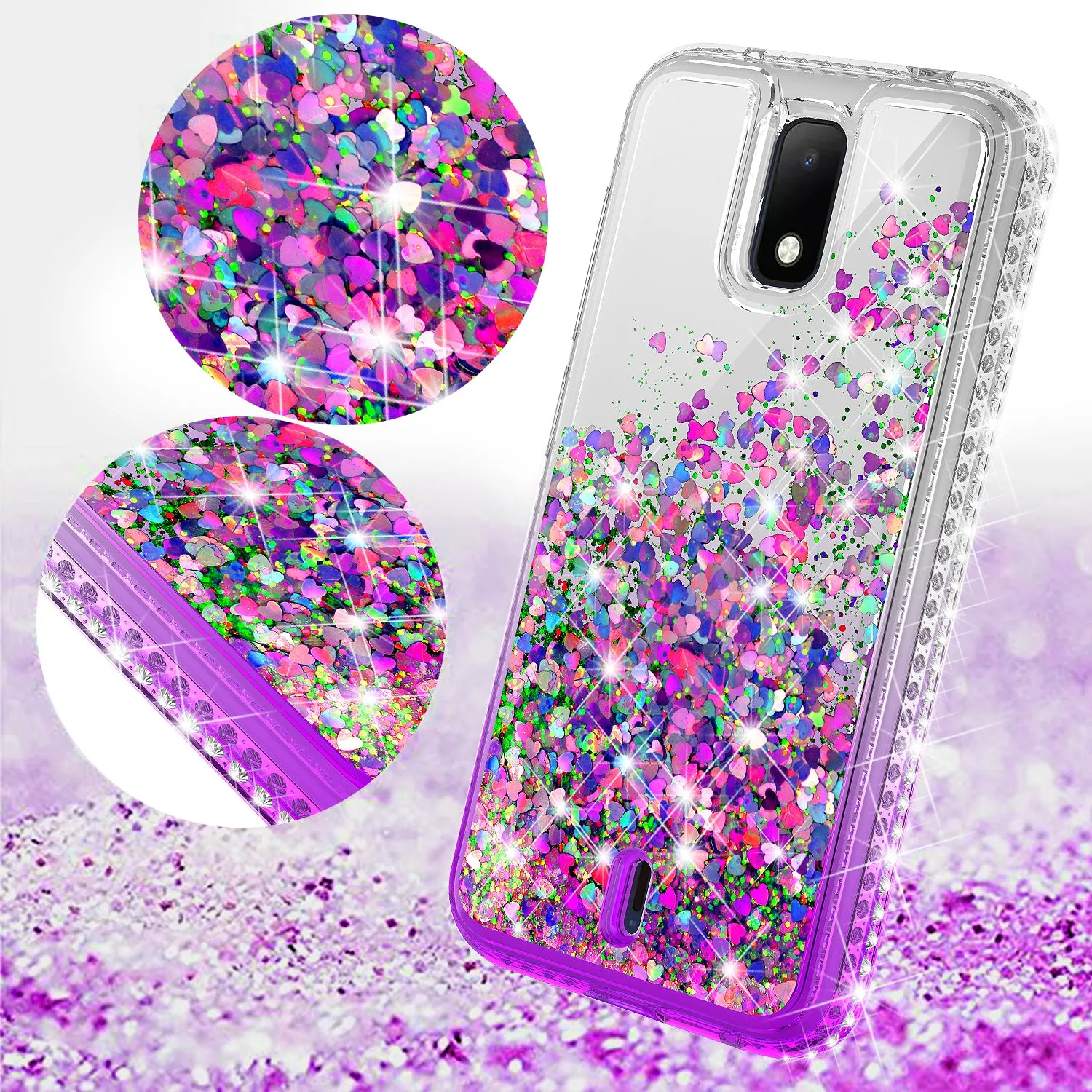 For Cricket Debut Case Liquid Glitter Phone Case Waterfall Floating Quicksand Bling Sparkle Cute Protective Girls Women Cover for Cricket Debut W/Temper Glass - Purple