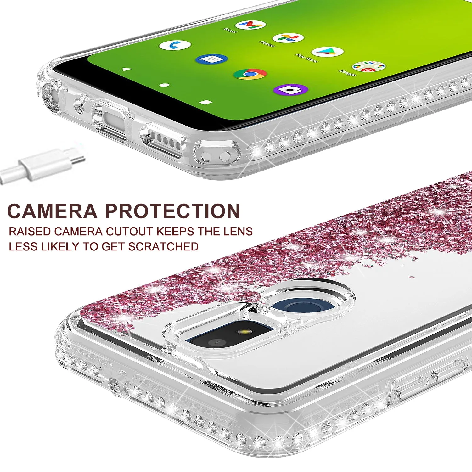 For Cricket Icon 3 (3rd Version) | At&t Motivate 2 (2nd) | Cricket Splendor Case Liquid Glitter Phone Case Waterfall Floating Quicksand Bling Sparkle Cute Protective Girls Women Cover for Cricket Icon 3 (3rd Version) W/Temper Glass - Rose Gold