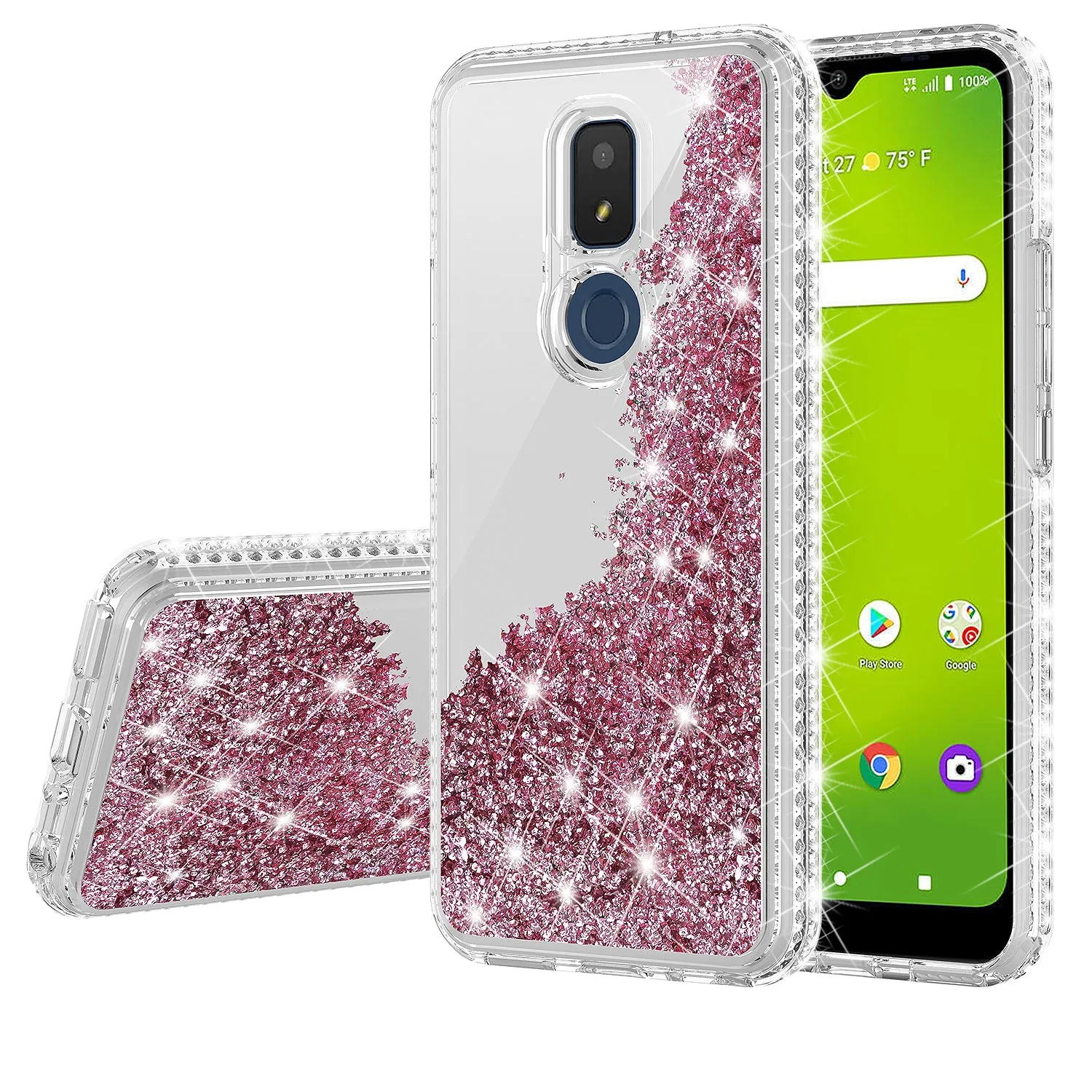 For Cricket Icon 3 (3rd Version) | At&t Motivate 2 (2nd) | Cricket Splendor Case Liquid Glitter Phone Case Waterfall Floating Quicksand Bling Sparkle Cute Protective Girls Women Cover for Cricket Icon 3 (3rd Version) W/Temper Glass - Rose Gold