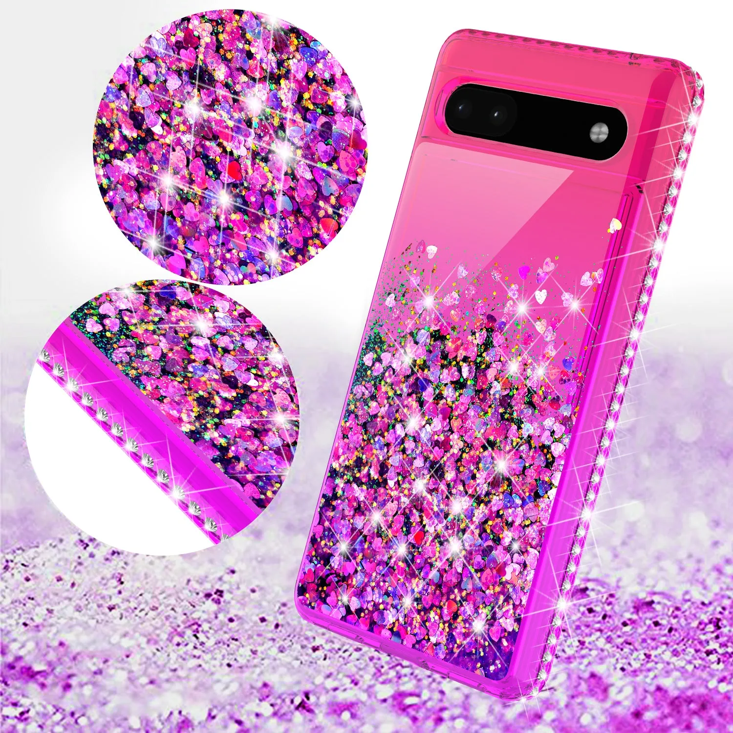 For Google Pixel 6a Case Liquid Glitter Phone Case Waterfall Floating Quicksand Bling Sparkle Cute Protective Girls Women Cover for Google Pixel 6a W/Temper Glass -  (Hot Pink/Purple Gradient)