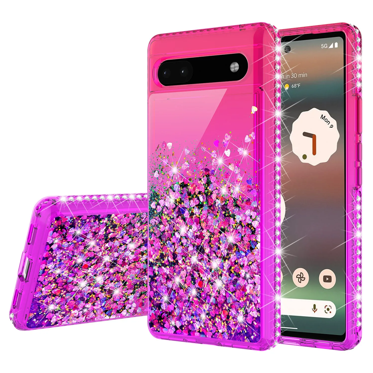 For Google Pixel 6a Case Liquid Glitter Phone Case Waterfall Floating Quicksand Bling Sparkle Cute Protective Girls Women Cover for Google Pixel 6a W/Temper Glass -  (Hot Pink/Purple Gradient)