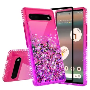 For Google Pixel 6a Case Liquid Glitter Phone Case Waterfall Floating Quicksand Bling Sparkle Cute Protective Girls Women Cover for Google Pixel 6a W/Temper Glass -  (Hot Pink/Purple Gradient)