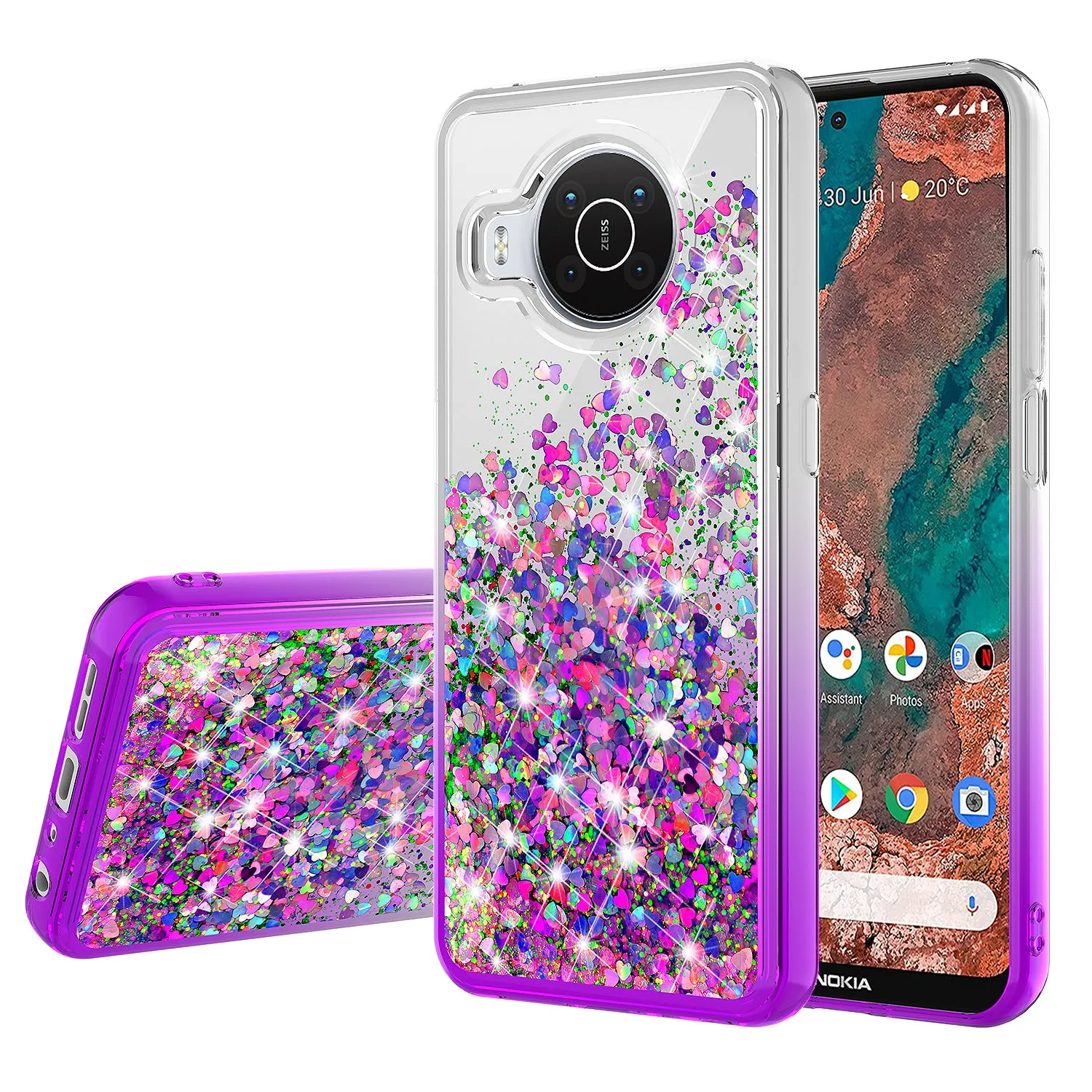 For Nokia X100 Case Liquid Glitter Phone Case Waterfall Floating Quicksand Bling Sparkle Cute Protective Girls Women Cover for Nokia X100 W/Temper Glass - Purple
