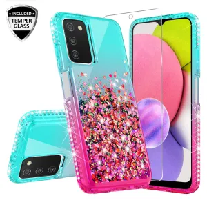 For Samsung Galaxy A03s Case Liquid Glitter Phone Case Waterfall Floating Quicksand Bling Sparkle Cute Protective Girls Women Cover for Samsung Galaxy A03s W/Temper Glass -  (Teal/Pink Gradient)