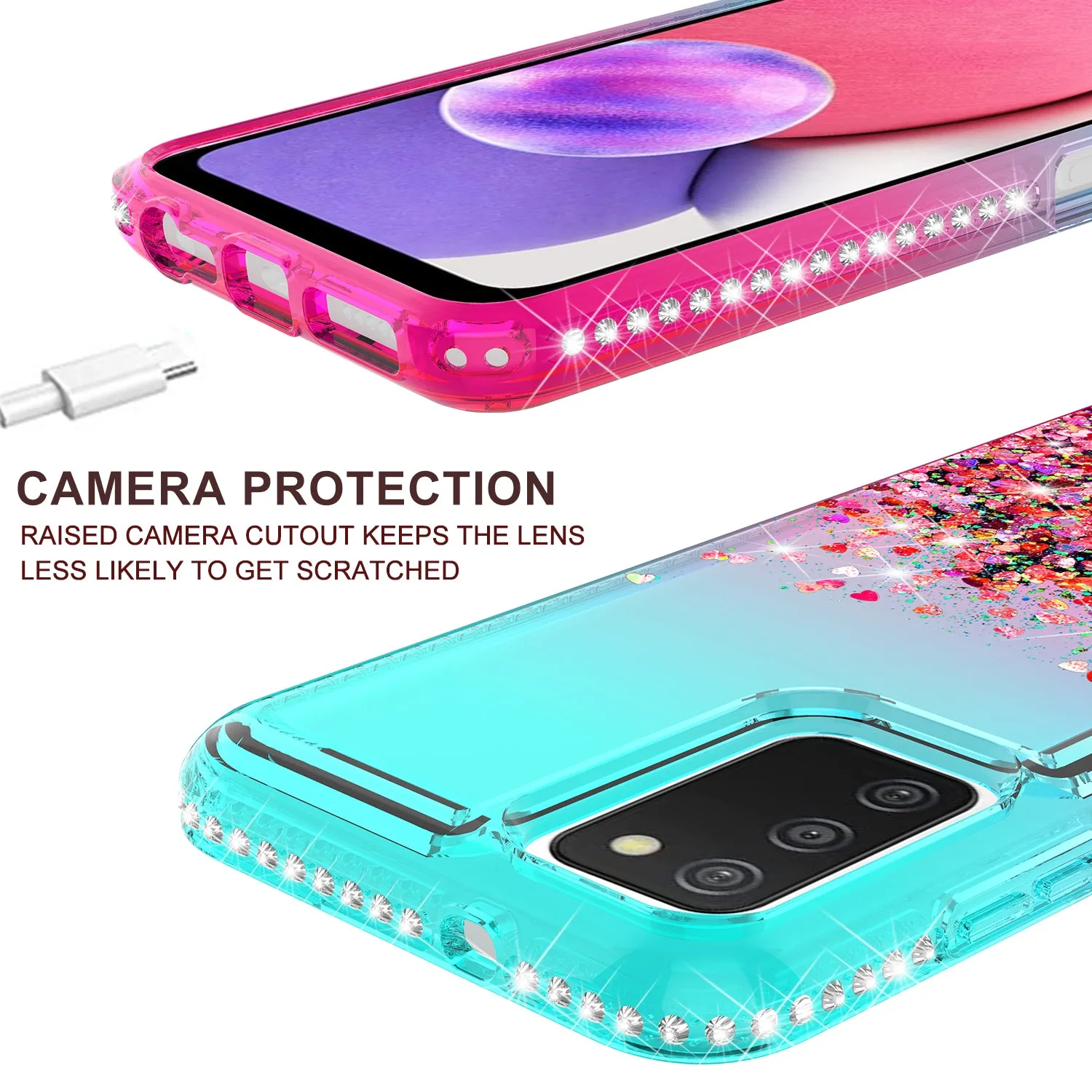 For Samsung Galaxy A03s Case Liquid Glitter Phone Case Waterfall Floating Quicksand Bling Sparkle Cute Protective Girls Women Cover for Samsung Galaxy A03s W/Temper Glass -  (Teal/Pink Gradient)